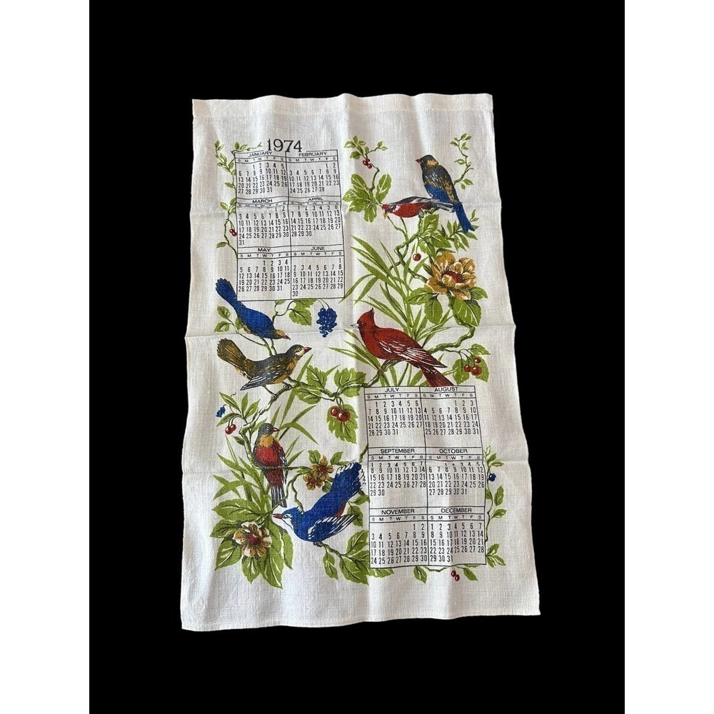 VINTAGE 1974 bird linen tea towel